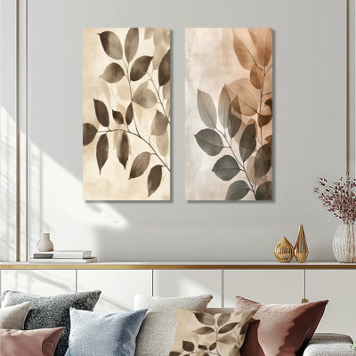 Taupe Leaves Mosaic Collage I – Brown Foliage Large Metal Wall Art Set of 2 Prints