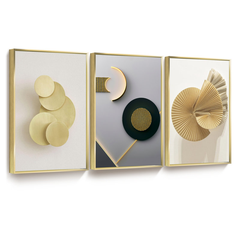 Cadre moderne abstrait encadré - ensemble de 3 reproductions sur toile, H 16 po x l 36 po x P 1,5 po, Or
