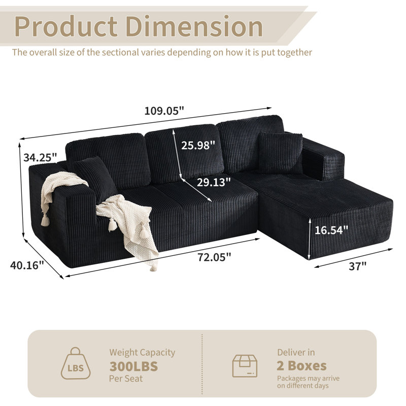 Modern Overstuffed Compression Boneless Corduroy L-Shaped Sectional Sofa With Chaise For Living Room - No Need Assembly