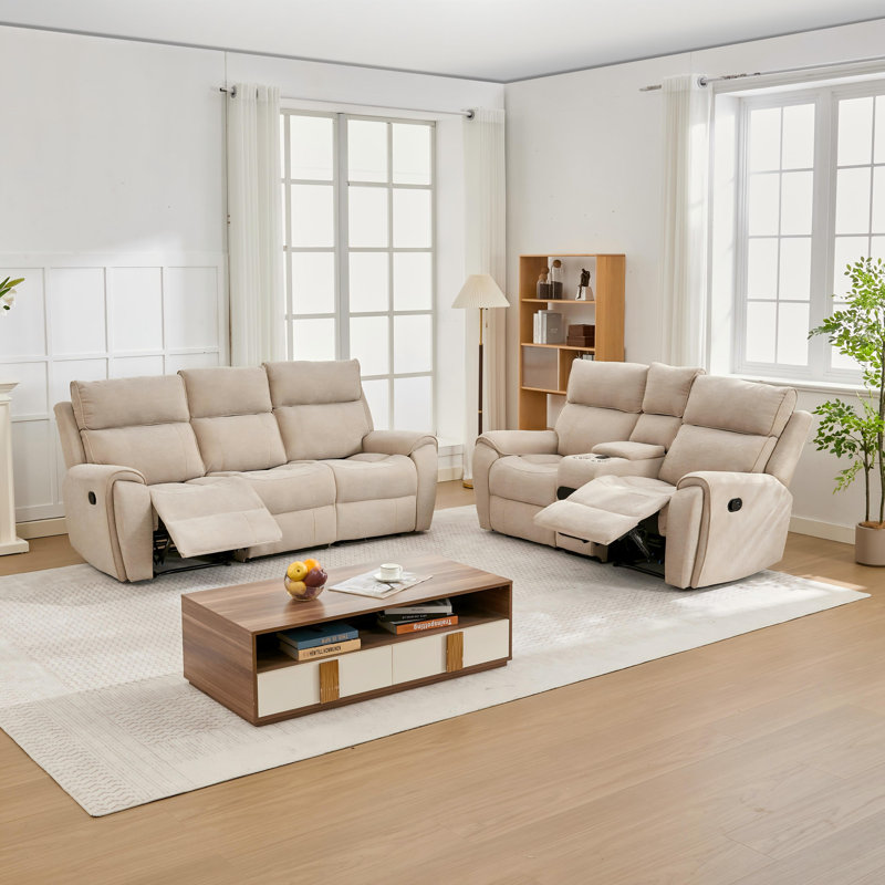2-Piece Reclining Living Room Set with Storage, Cup Holder, and Bluetooth Speaker, Beige