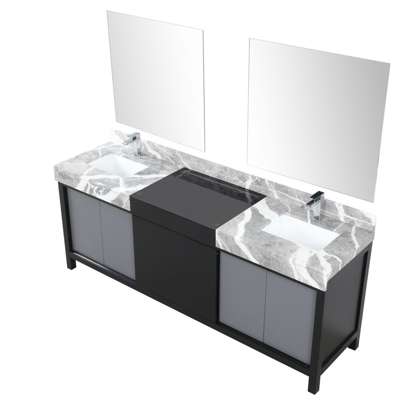 Zilara 84" Double Vanity with Castle Gray Marble Top and Black Faucet