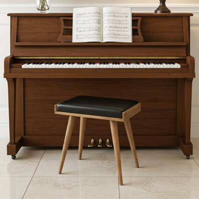 Modern Walnut Accent Bench, Upholstered Piano Bench & Multi-Use Vanity Stool with Compact Footrest Design