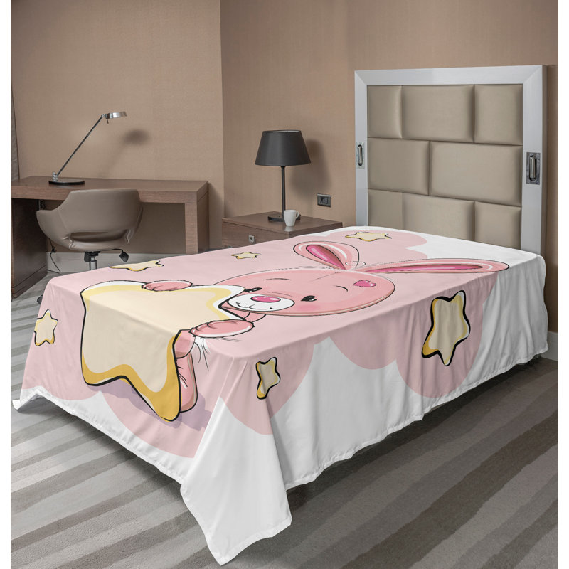 Ambesonne Feminine Top Flat Sheet Rabbit Bunny with a Star Full Yellow Pink, Drap plat pour lit simple