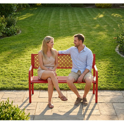 Banc de jardin extérieur robuste en métal rouge de 127 cm (50 po) pour 2 adultes - Banc de patio en acier résistant aux intempéries - Dossier géométrique et assise à lattes - Capacité de 358 kg (790 lb) - Porche, terrasse, cour, entrée - Rouge