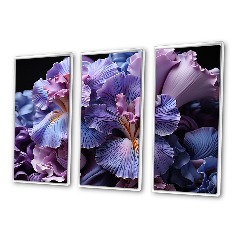 «Midnight Purple Irises Serenity Unveilé I», ensemble d'art mural sur toile, H 28 po x l 36 po x P 1 po, Cadre flottant blanc