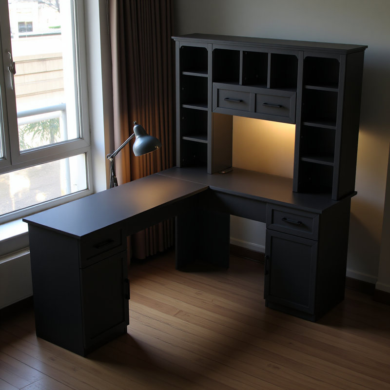 Bureau d'ordinateur en L avec 2 armoires, 2 tiroirs, 11 tablettes ouvertes et une étagère de rangement rabattable, idéal pour un bureau, un salon ou une pièce d'étude, noir.
