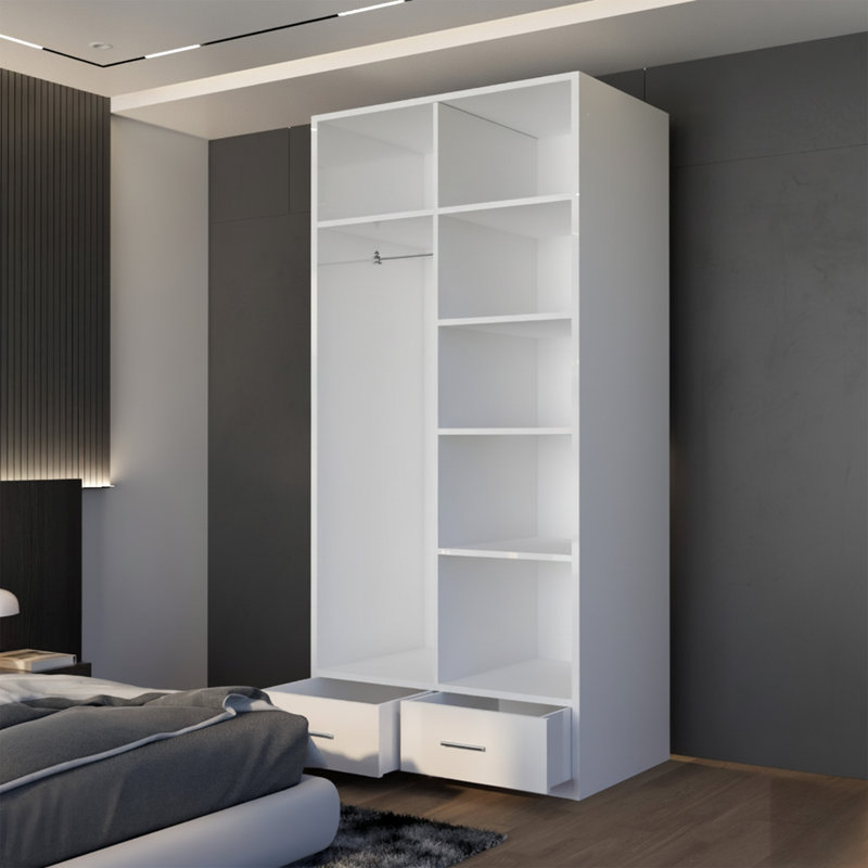Modern 2 Door 2 Drawer High Gloss Hinged Wardrobe, White