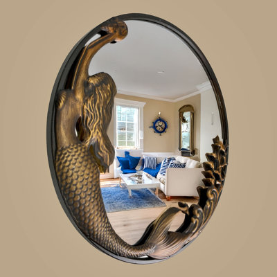 Bronze Finish Mermaid Wall-Mounted Mirror – 20-Inch Diameter Decorative Accent For Coastal And Nautical Home Decor, Elegant Focal Point For Living Room Or Bathroom