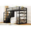 Lit mezzanine double en métal avec tablettes de rangement, armoires et garde-robe, noir