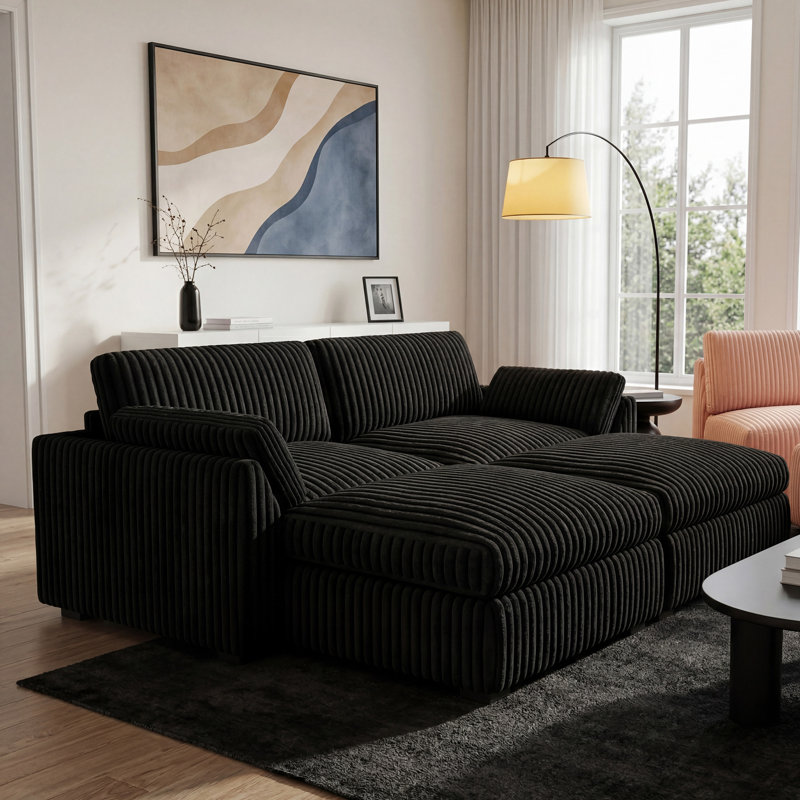 Wide Short Plush Soft Modular Sofa Bed Apartment Sofa With Detachable Cushion Cover, Black Corduroy