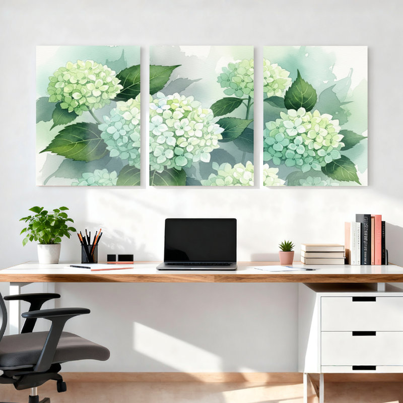 Tableau aquarelle floral d'hortensia sur toile tendue (lot de 3), H 30 po x l 60 po