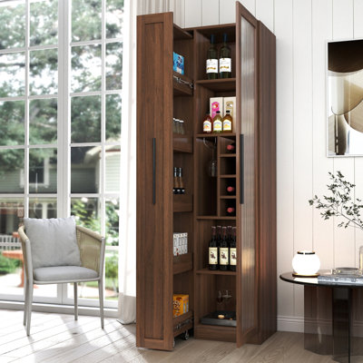 Armoire de cuisine avec étagère de rangement coulissante multifonctionnelle, armoire de rangement de style campagnard avec portes en verre, organisateurs de garde-manger pour la cuisine, armoire de bar, salle à manger