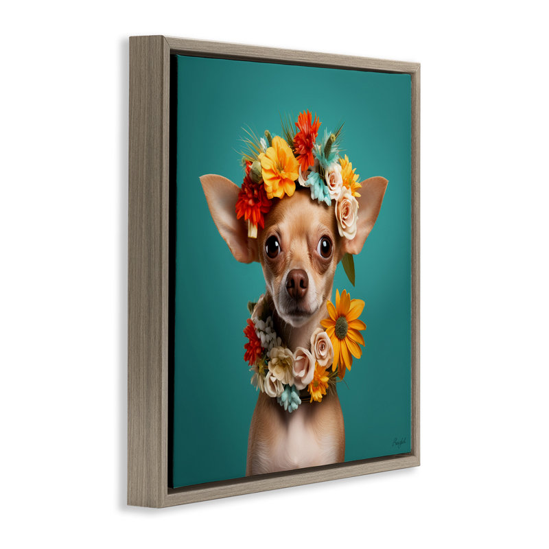 Portrait floral de chihuahua, Cadre flottant orme Montalcino, 25" H x 25" W