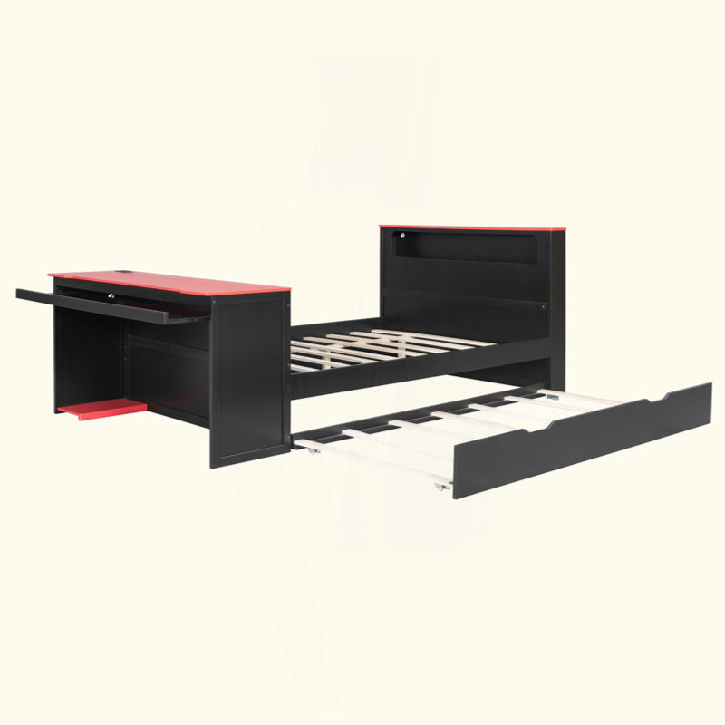 Lit de jour en bois avec lit gigogne simple, bureau, lumière DEL et USB, Lit double, Noir / Rouge