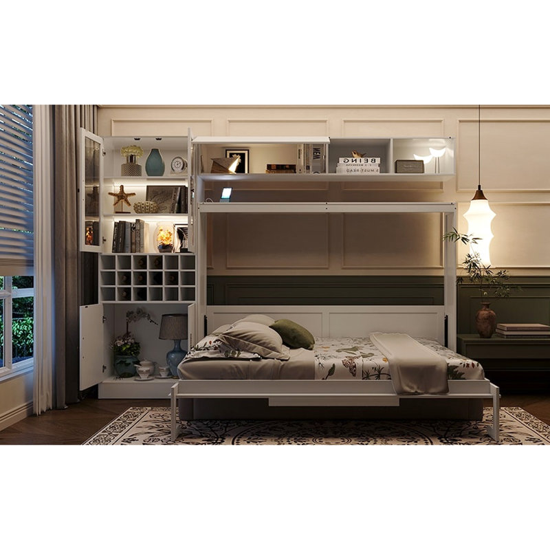 Lit escamotable double pleine grandeur avec canapé, tablettes USB et lumière, Blanc, Lit double
