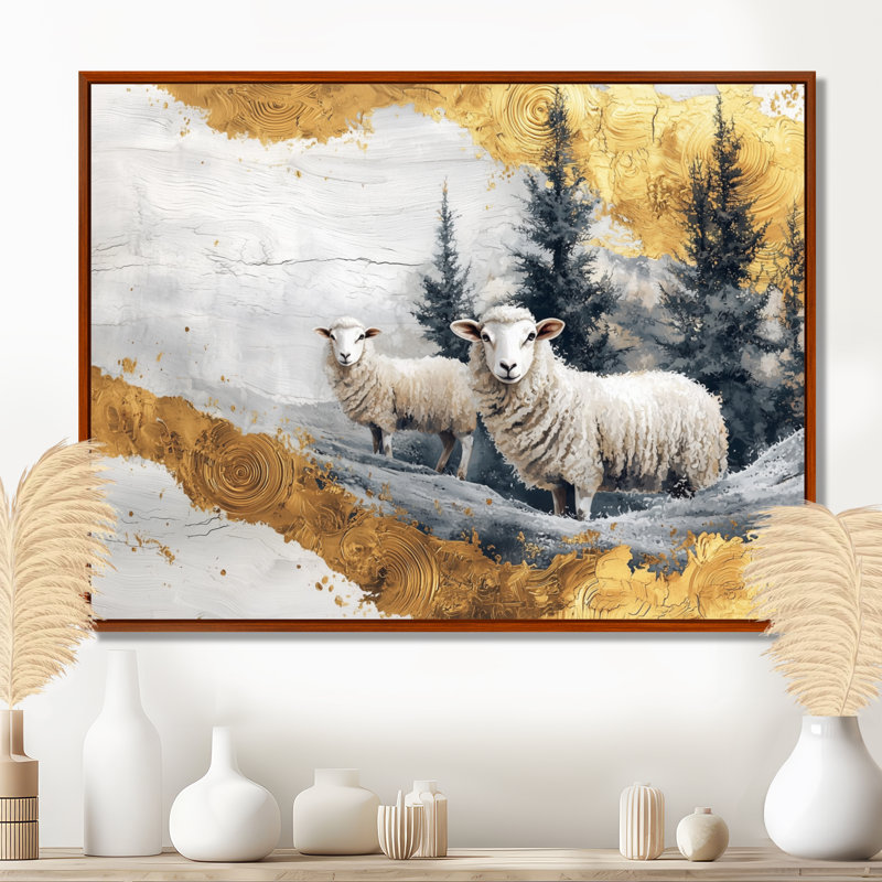 Drayon, mouton marbré doré à la ferme, paysage d'hiver III - moutons, art mural, H 30 po x l 40 po, Brun