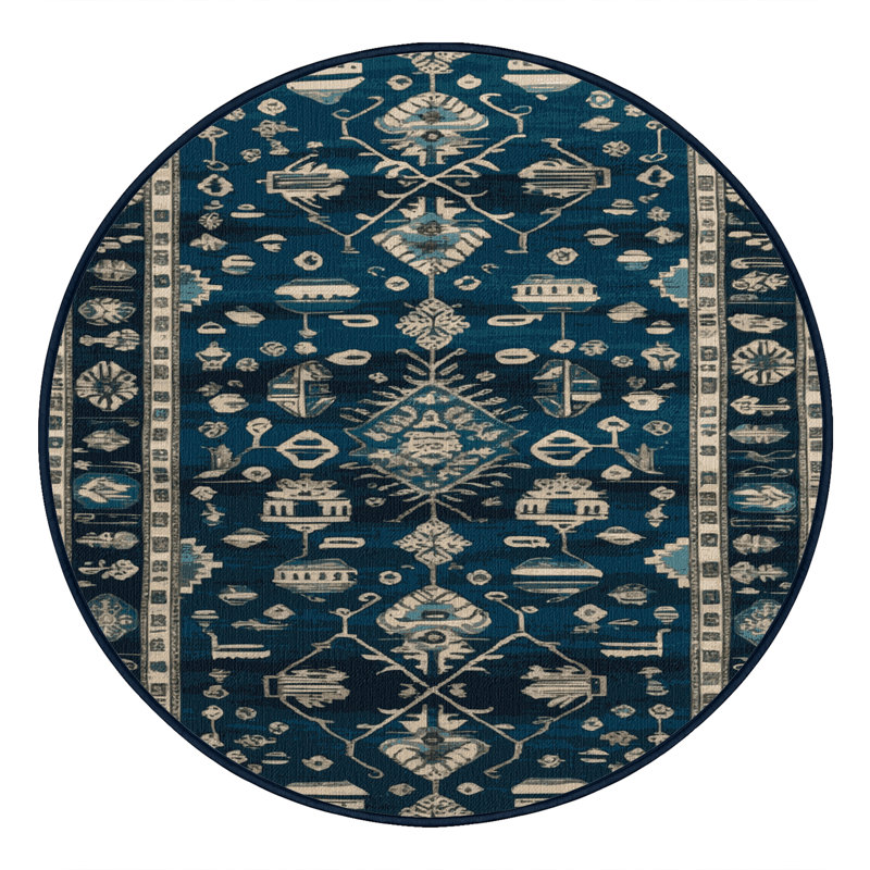 Tapis bleu turc lavable à la machine, Rond 6 pi