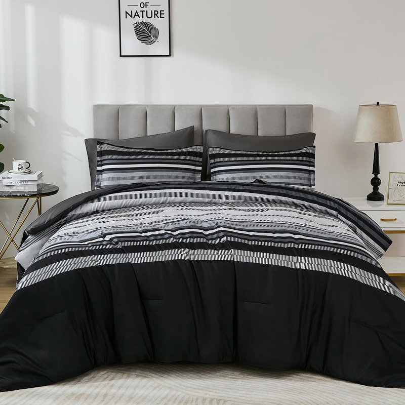 7-Piece Boho Striped Comforter Set All Season Microfiber Bed in a Bag, Black Striped, King Comforter + 6 Additional Pieces