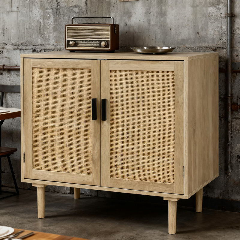 Buffet en rotin avec portes tissées à la main - Buffet de rangement multifonctionnel pour la salle à manger, la cuisine et le couloir - Console grande capacité avec tablette
