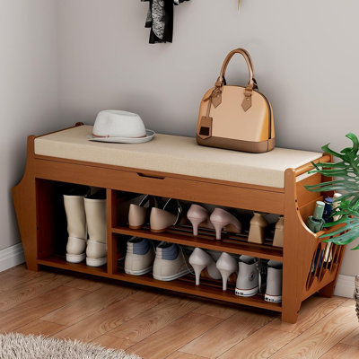 Banc à chaussures avec 2 supports latéraux, banc d'entrée en bambou à 3 niveaux avec rangement, range-chaussures avec coussin pour le vestibule du hall d'entrée, peut supporter jusqu'à 330 lb