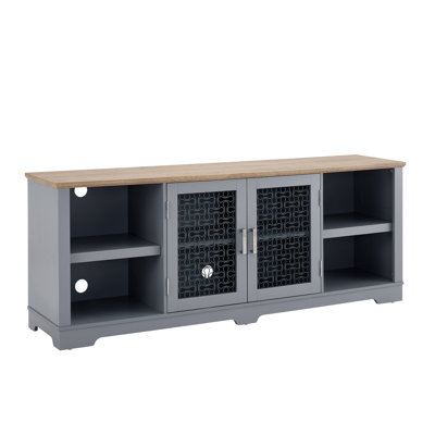 Modern Farmhouse TV Media Stand, Large Home Entertainment Console, For TV Up To 80'', With Open Shelves And Glass Door Cabinets -  Hokku Designs, 6DD8945E16EB4C828AC195803AB4CC7C