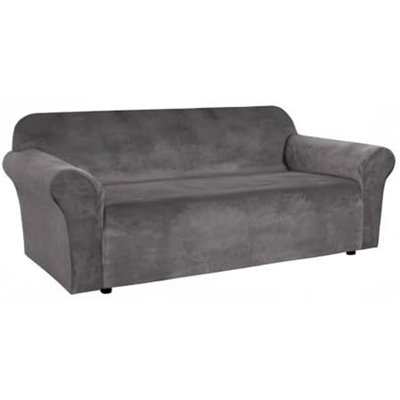 Housse de canapé en velours extensible pour housse de protection pour canapé à 3 coussins - Gris - Velours épais et doux, Fond élastique antidérapant, Coupe extensible