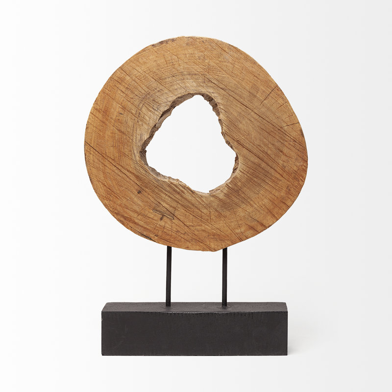 Rene Brown and Black Wood Log Cross Section Tabletop Sculpture, 20.5" H x 15" W x 3.25" D