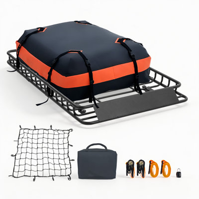 Panier de rangement pour toit, 54 x 34 x 4 po, panier de toit robuste avec sac imperméable, filet de chargement, sangles à cliquet, capacité de 200 lb, porte-bagage universel pour voiture de camion VUS
