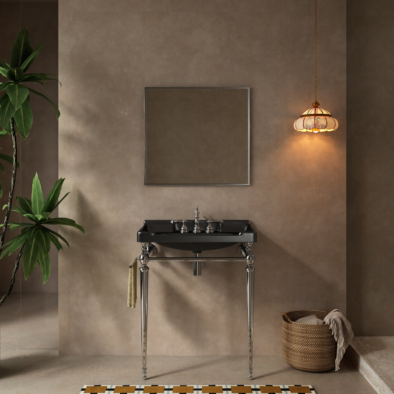 28" Bathroom Console Sink, Wall-Mounted Ceramic Vanity Basin With 3 Pre-Drilled Faucet Holes, Silver, Black
