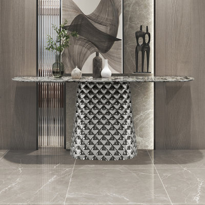 62.99" Silver Half Moon Sintered Stone tabletop;Metal Console Table