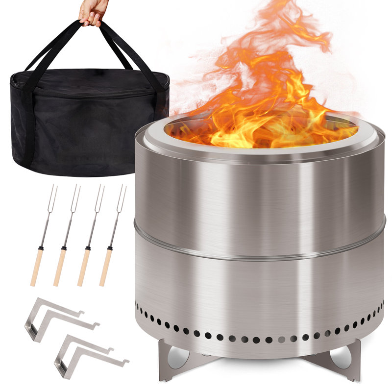 Sausa Round Stainless Steel Wood Burning Smokeless Fire Pit, 15" H x 19.7" W x 19.7" D