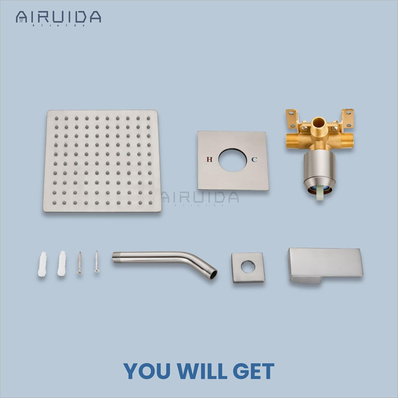 Airuida Single Handle Shower Faucet Set With 8 Inch Rain Shower Head, SUS304 Stainless Steel Wall Mount Shower System With Rough-In Valve And Brushed Nickel Finish