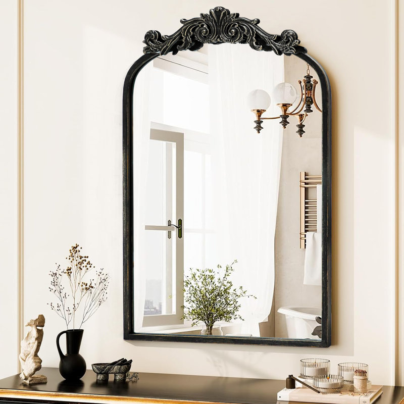 Miroir mural arqué en métal de style baroque, miroir décoratif, 24 po x 36 po , Noir