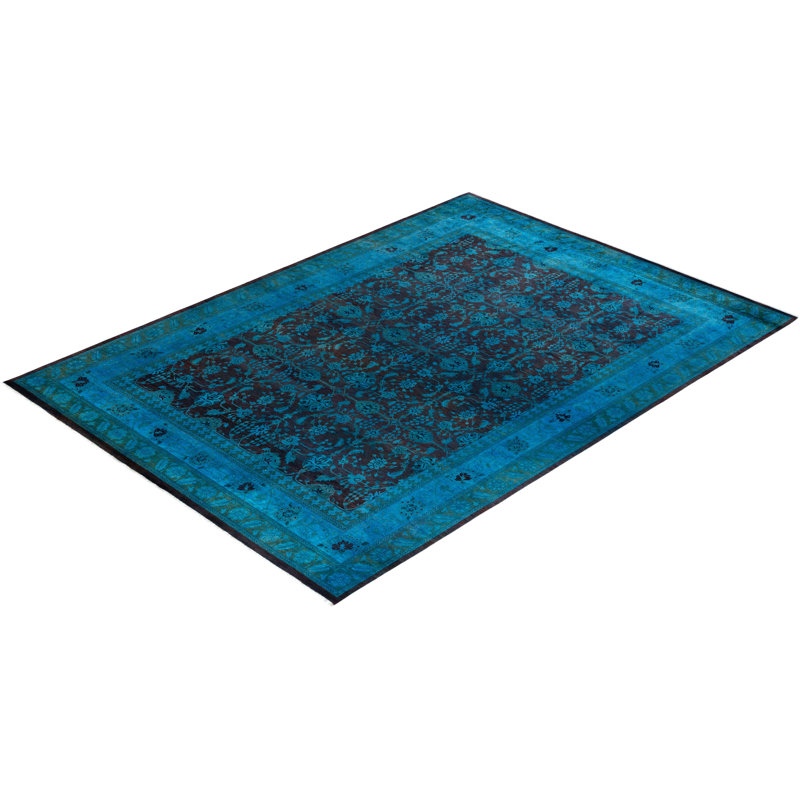 Tapis unique noué à la main Fine Vibrance - bleu, 9 pi 0 po x 11 pi 10 po