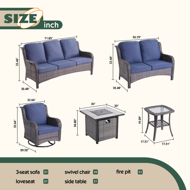 Ensemble de conversation d'extérieur pour 7 personnes avec coussins Tommy, Bleu denim, gris