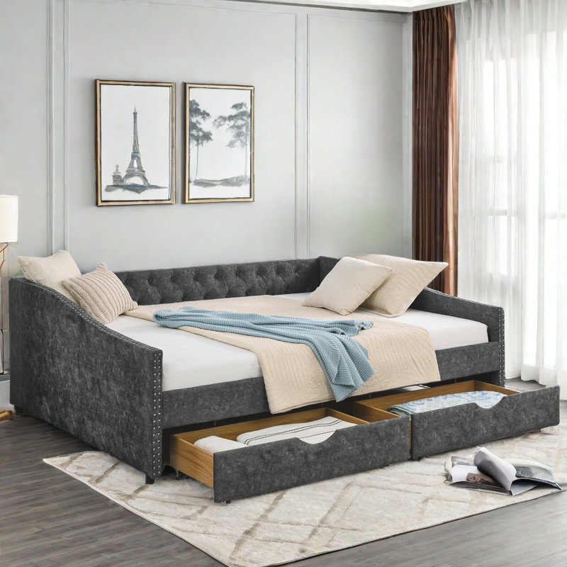 Upholstered Tufted Daybed With Drawers, Copper Nail Decoration And Waved Shape Arms, Gray