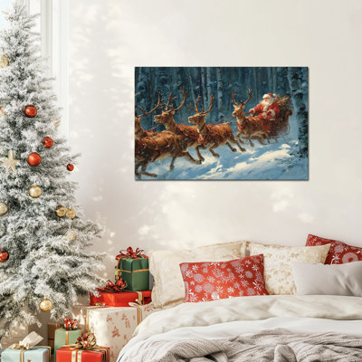 Large Santa Claus Wall Art - Christmas Pictures Wall Decor, Vintage Christmas Paintings Canvas Wall Art for Living Room, Winter Wonderland Framed Artwork Prints, 32×48 inches