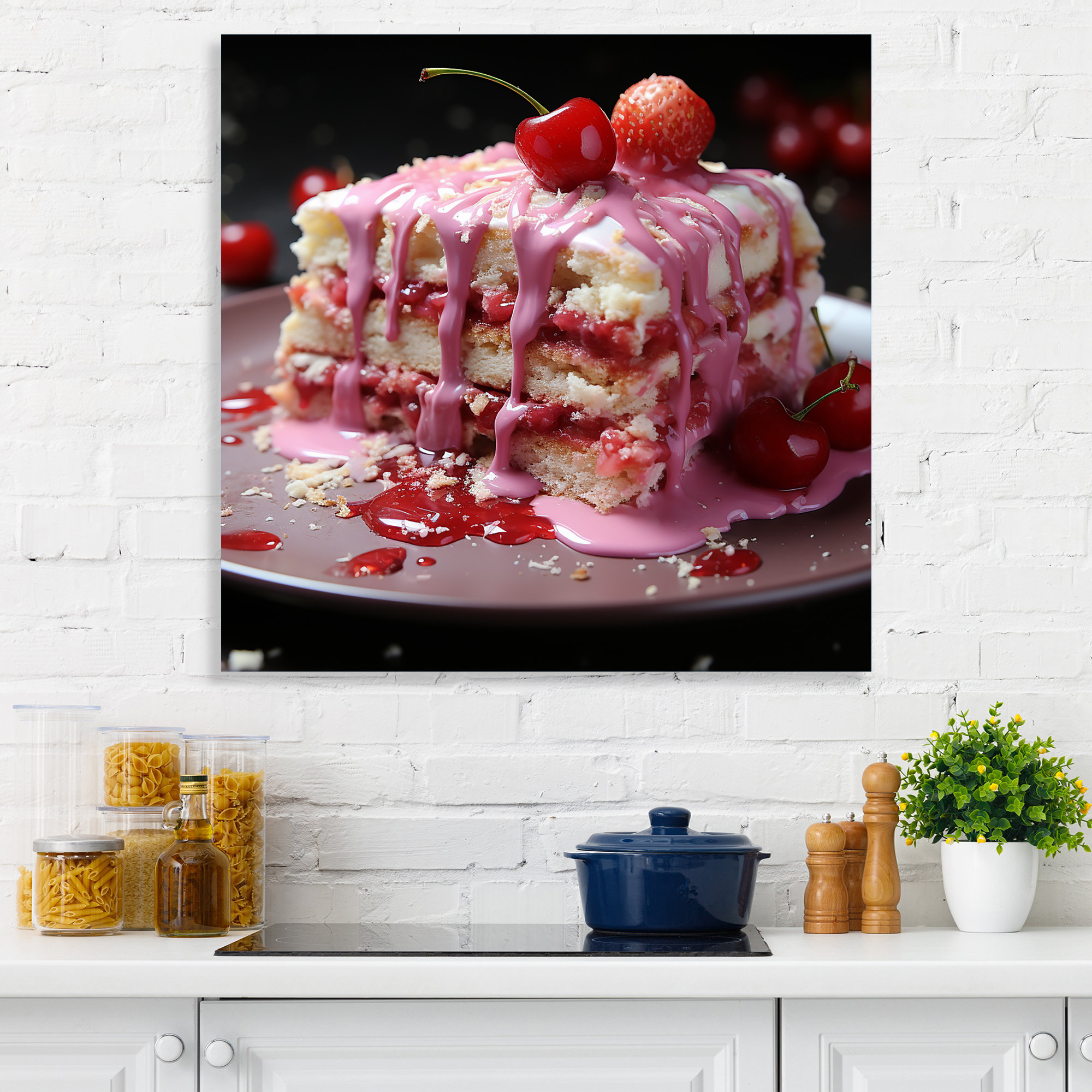 Ebern Designs Pink Cherry Cake Dessert Chaos - Desserts Wall Art | Wayfair
