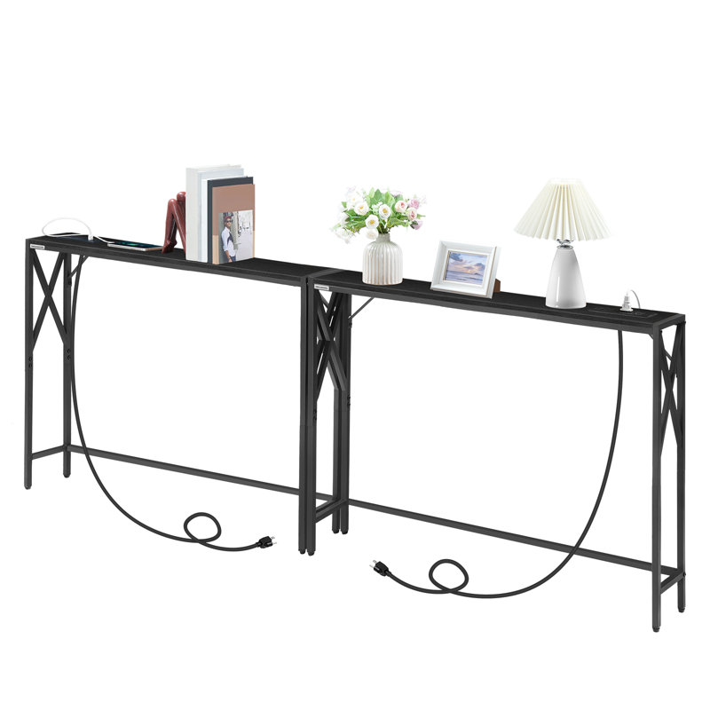 Naun 78.7" Console Table with Power Outlet Narrow Sofa Table, Black