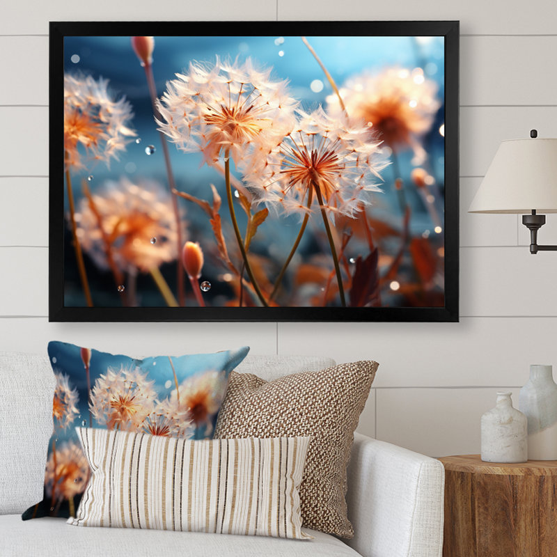 Blue Dandelion Dancing In The Morning II - Floral Wall Art Prints, H 12 po x l 20 po x P 1 po, Cadre simple noir