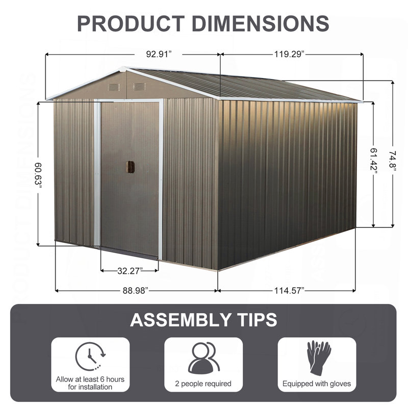 Remise de rangement extérieure en métal 8 x 10 pi avec fondation en métal gris, Gris