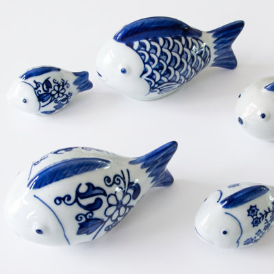 Bogart 5-Piece Hand-Painted Blue & White Porcelain Fish Figurine Set – Coastal Ceramic Decor, 2.5"-4.3"