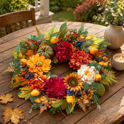 24" Large Harvest Wreath with Realistic Pears, Pumpkins & Sunflowers Autumn Fall Front Door Decor