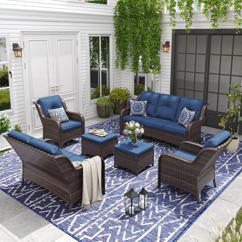 Pe Wicker Outdoor Conversation Sets, Navy Cushion/Brown Frame