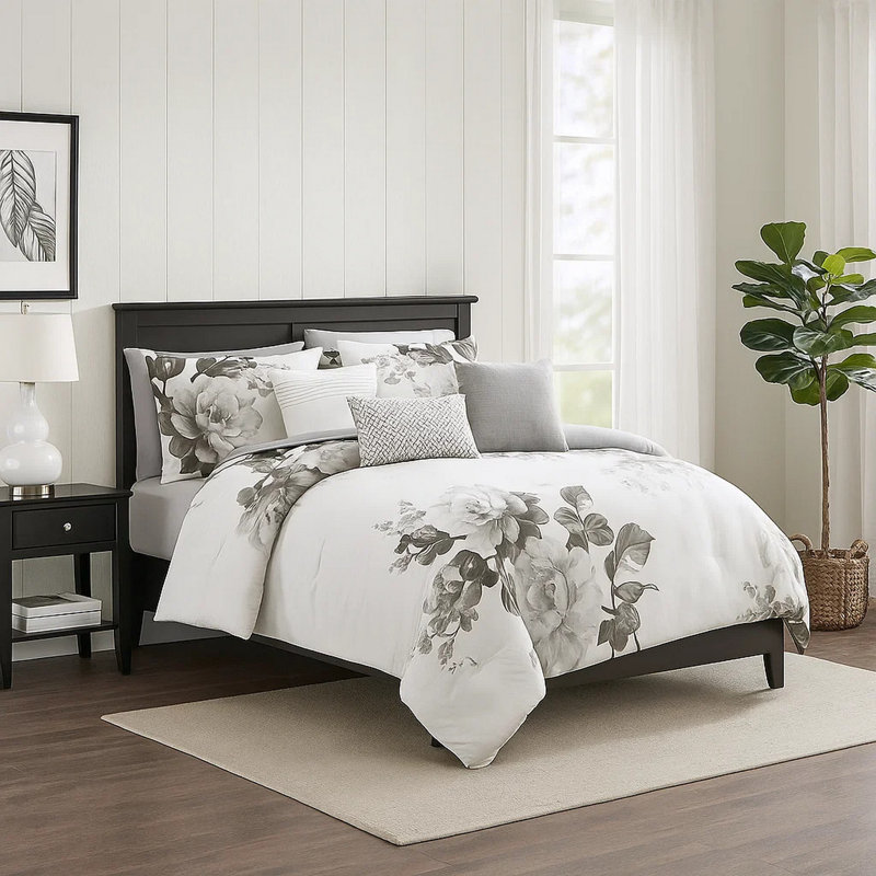 Cotton Blend 7 Piece Comforter Set, King Comforter + 6 Additional Pieces, Gray/White