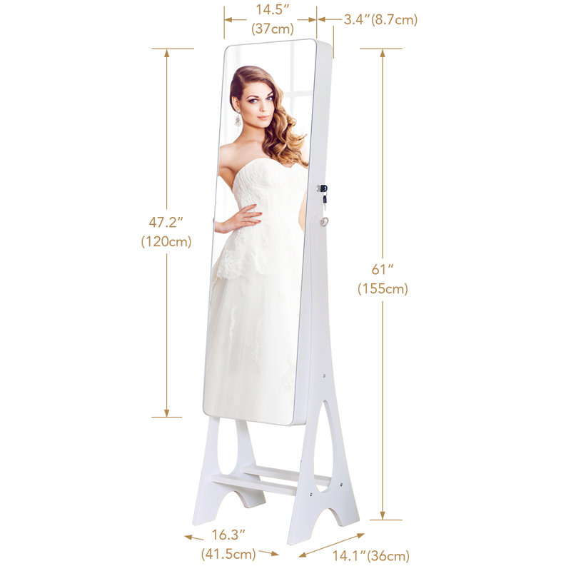 Jewelry Armoire with Frameless Full-Length Mirror, Wall-Mounted or Standing Lockable Storage with LED Lights