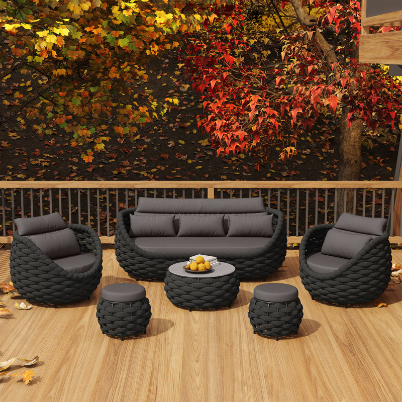 Ensemble de conversation d'extérieur en aluminium textilène pour 5 personnes avec table basse et repose-pieds pour patio