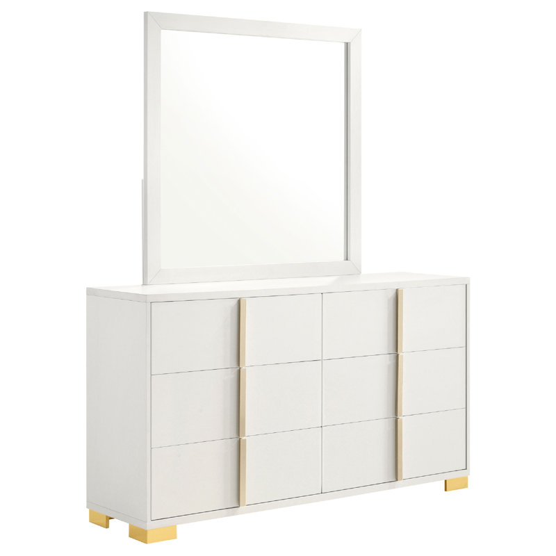 Commode large 6 tiroirs avec miroir Dex, métal doré contemporain, Blanc / Doré