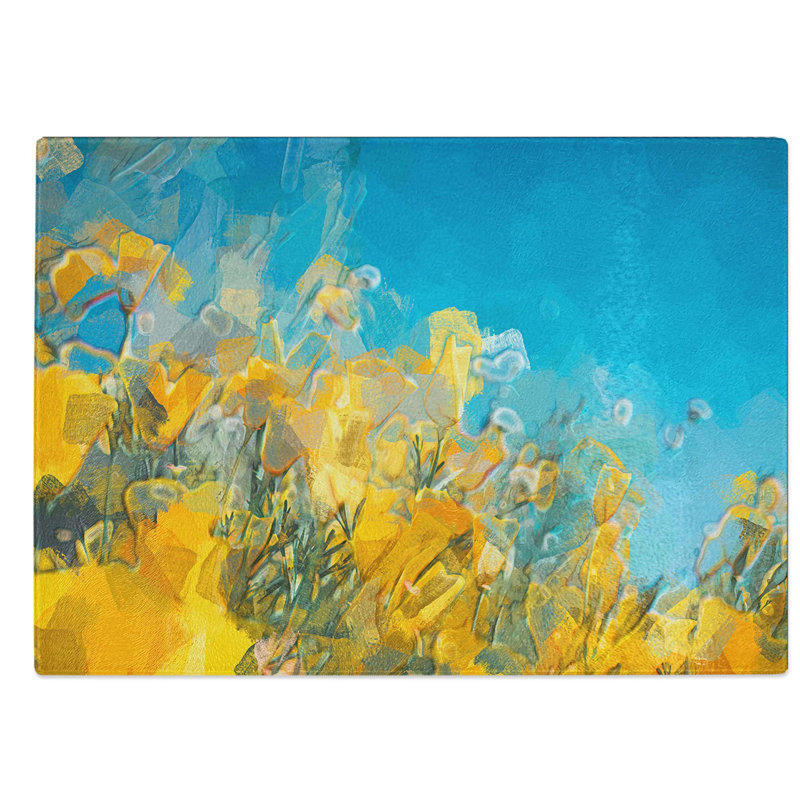 Tempered Glass Yellow Blooming Flowers in Abstract Chopping Board, 28.5 cm W x 20 cm L