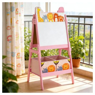 Pink Double-Sided Kids Art Easel with Whiteboard and Blackboard